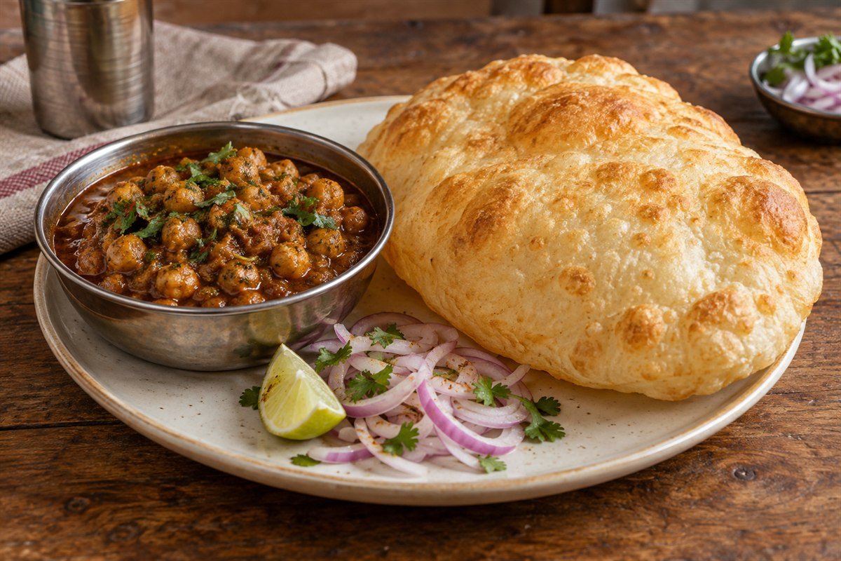 Indian chole bhature with spiced chickpeas and puffed fried bread.