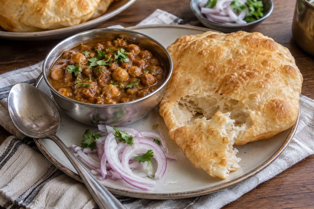 A serving of chole bhature with chickpea curry, fried bread, onion, and cilantro.