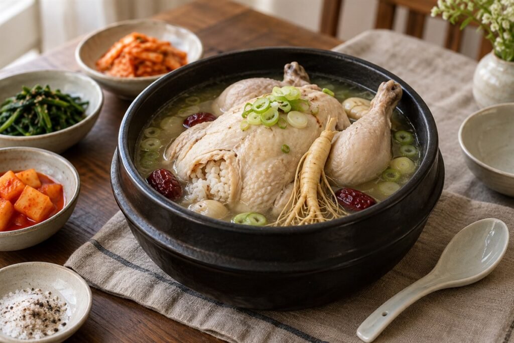 Korean samgyetang ginseng chicken soup with glutinous rice, garlic, scallions, and jujubes.