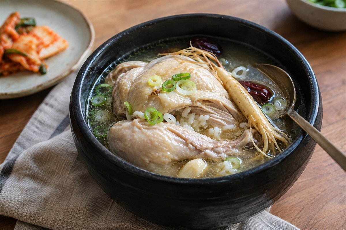 A close serving of Korean samgyetang with tender chicken, rice, ginseng, and clear broth.