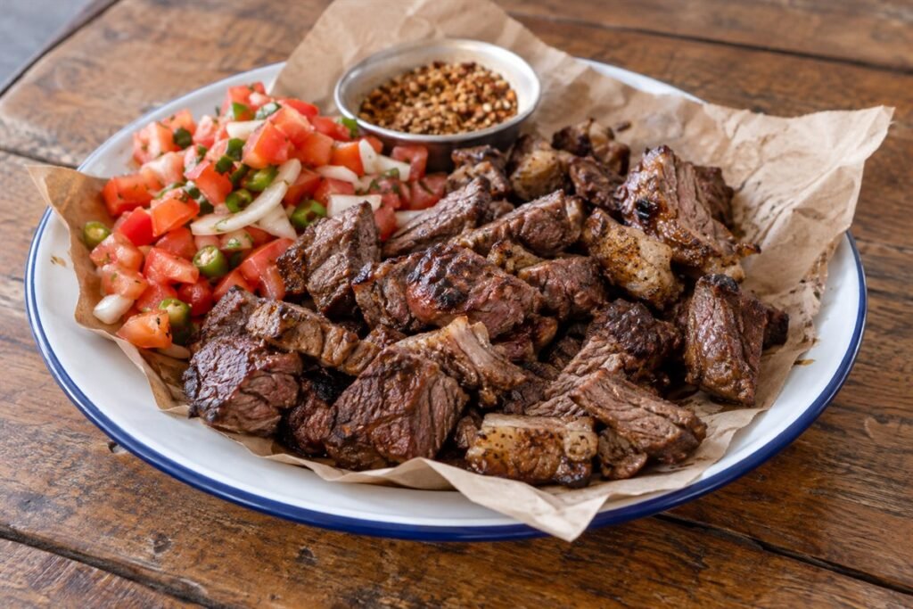 Namibian kapana grilled beef with tomato, onion, and chili salsa.
