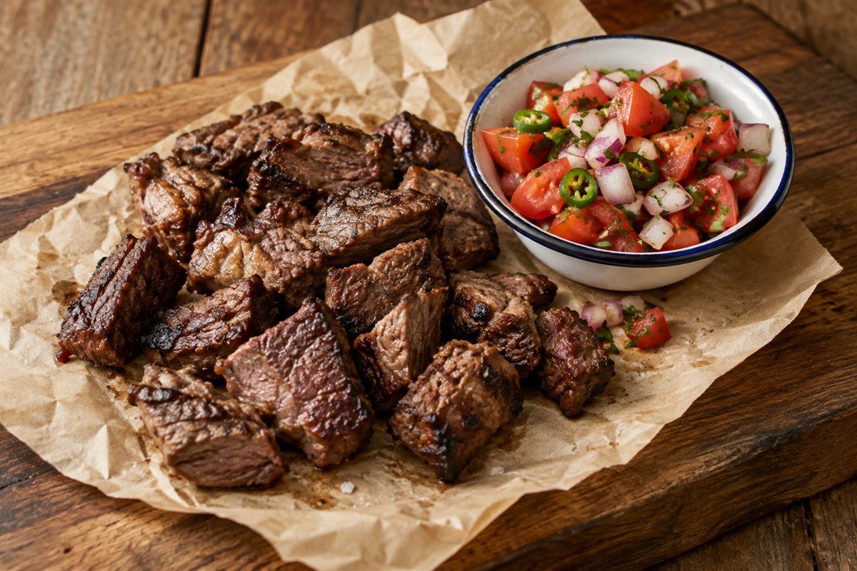 Grilled Namibian kapana beef served with a fresh tomato-onion-chili salsa.