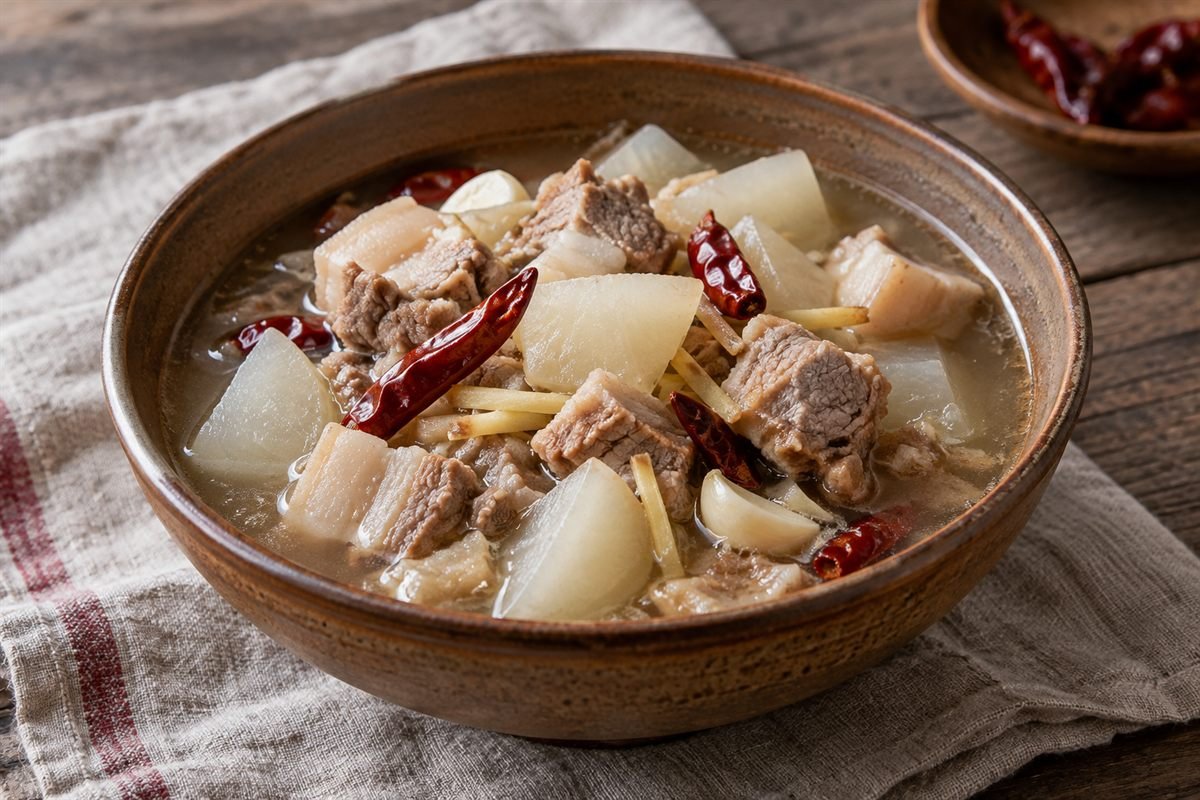 Bhutanese phaksha paa with tender pork, daikon radish, dried red chiles, and herbs in a rustic bowl.