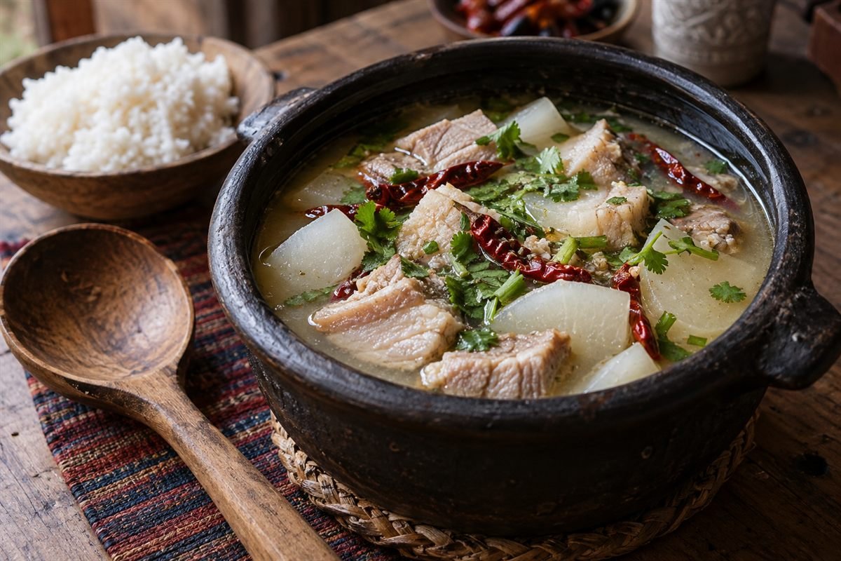 A serving of Bhutanese phaksha paa being ladled from a pot, showing pork, radish, and red chiles.