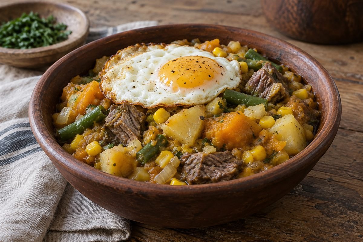 Chilean charquicán beef and vegetable stew with potatoes, pumpkin, corn, green beans, and a soft egg in a bowl.