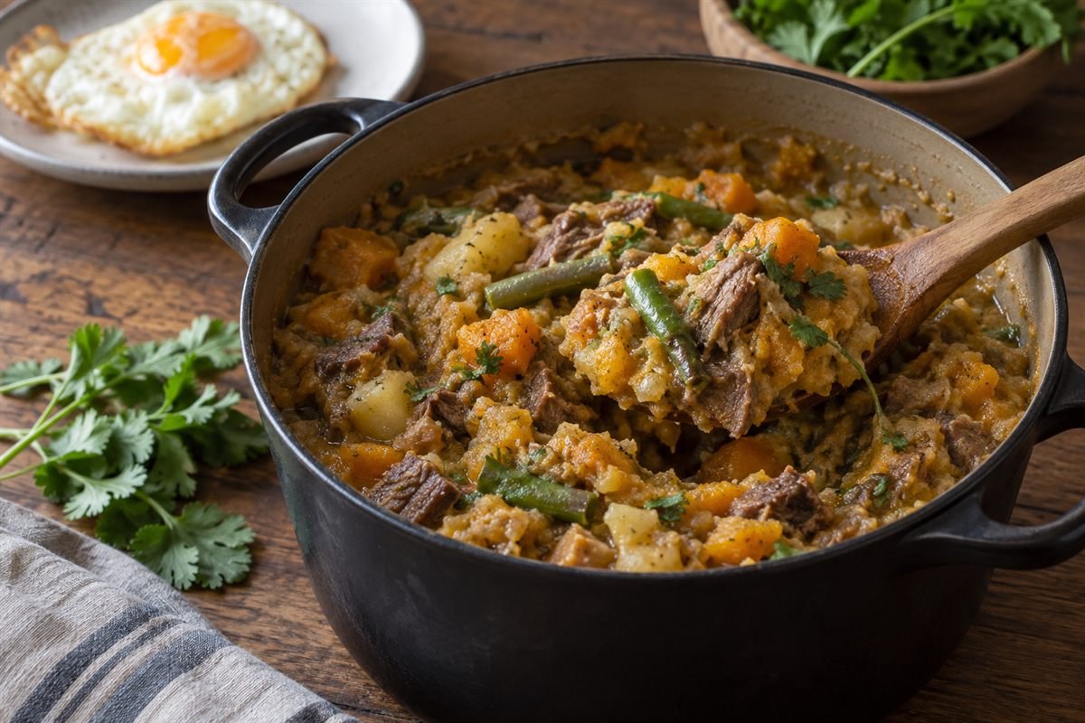A close serving of Chilean charquicán being spooned from a Dutch oven, showing chunky vegetables and beef beside an egg.