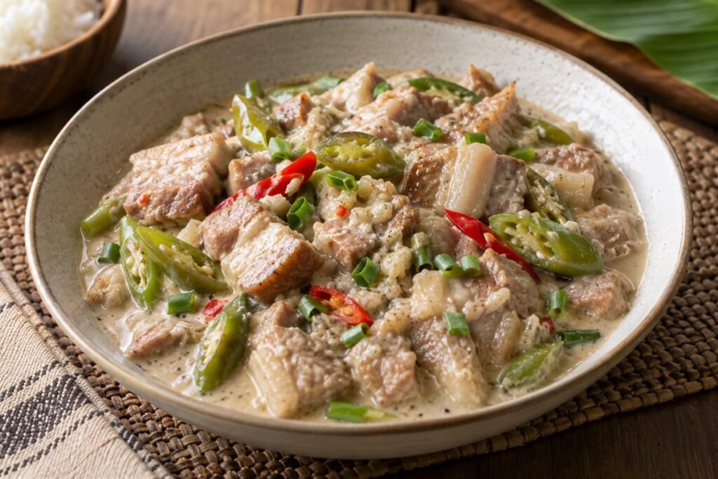 Filipino Bicol Express with tender pork, coconut sauce, green chiles, and red chiles in a rustic bowl.
