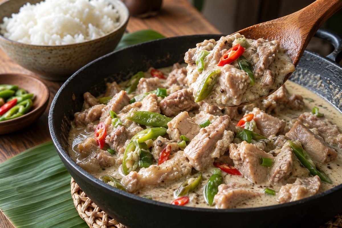 A close serving of Bicol Express spooned from a skillet, showing pork, coconut sauce, and sliced chiles beside rice.