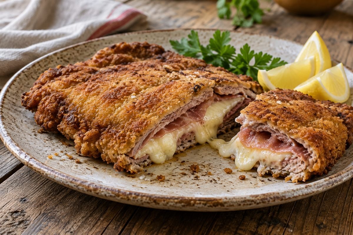 Spanish cachopo cut open to show crisp breaded beef, Serrano ham, and melted cheese on a rustic plate.