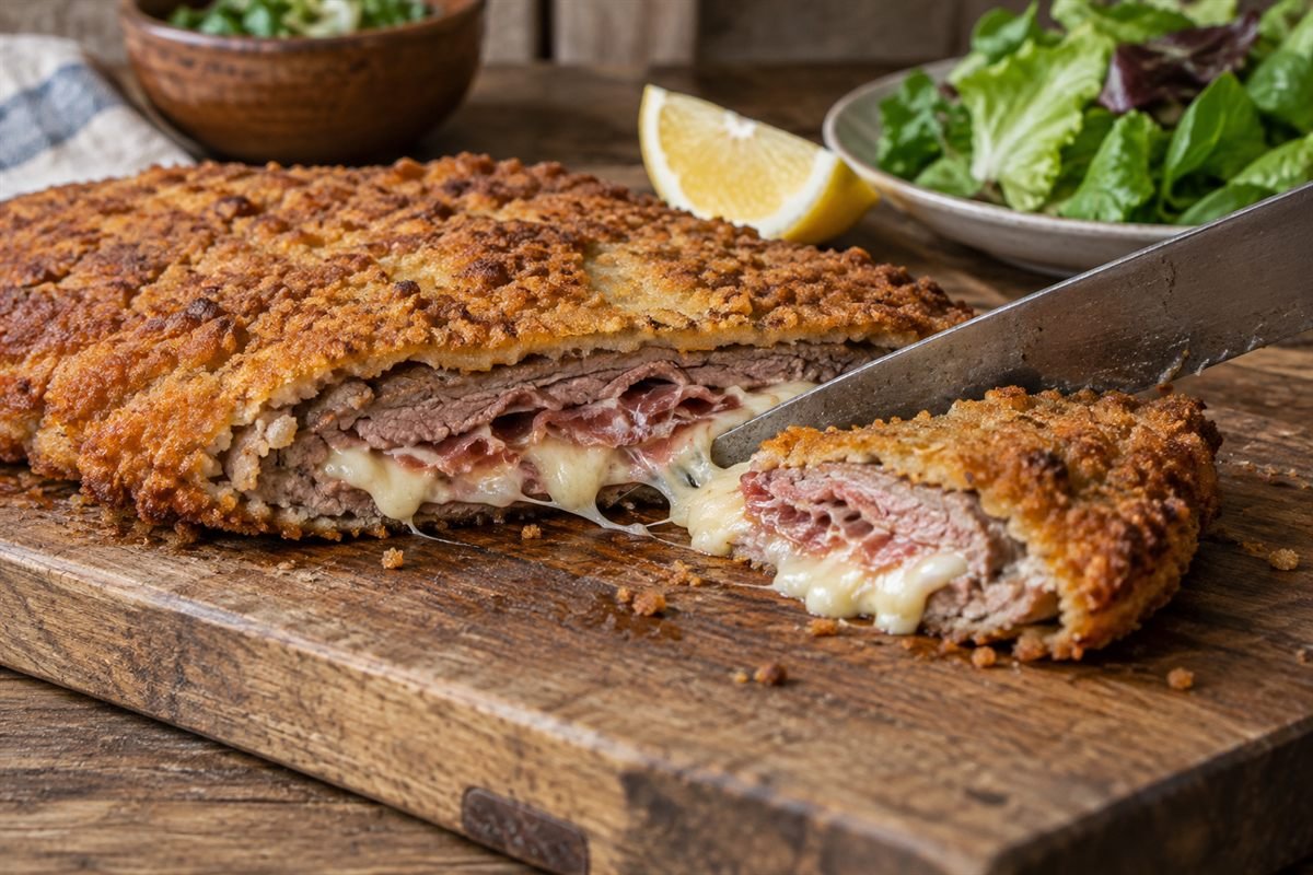 A Spanish cachopo being sliced on a board, with the ham and cheese filling visible beside lemon and parsley.