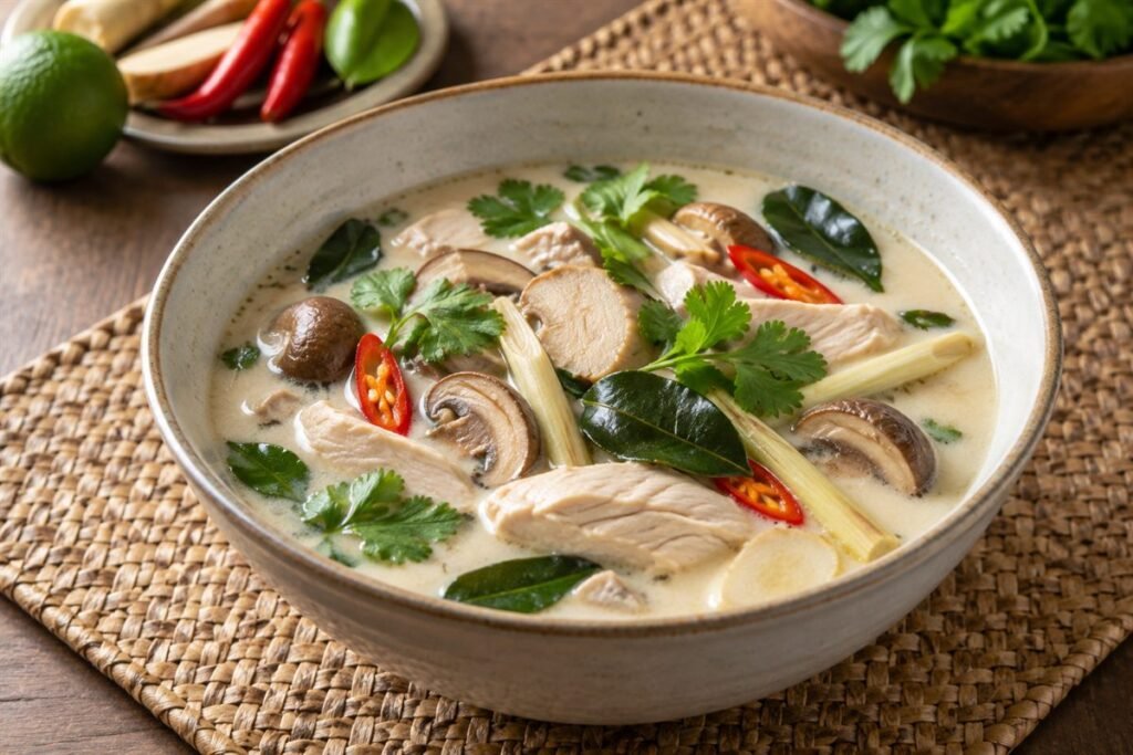 Thai tom kha gai coconut chicken soup with mushrooms, galangal, lime leaves, and red chiles in a ceramic bowl.