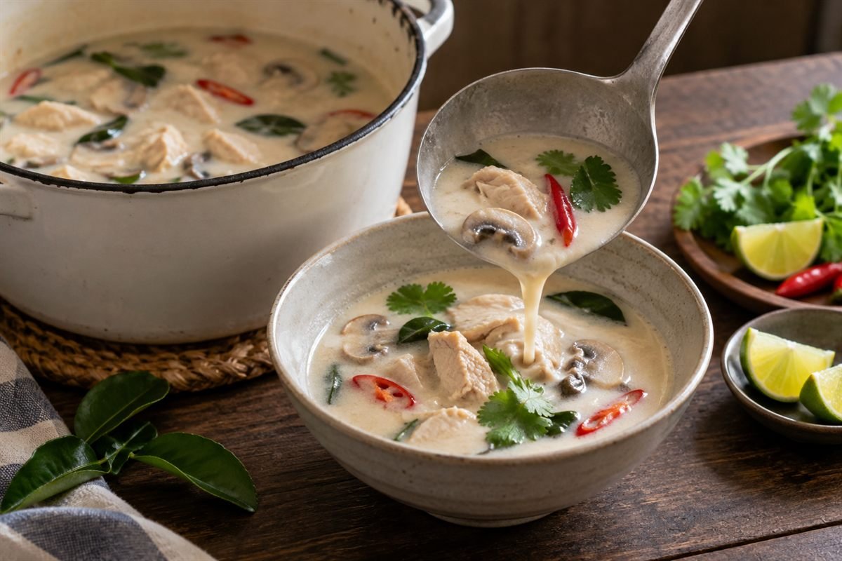 A ladle serving Thai tom kha gai from a small pot, showing chicken, mushrooms, herbs, and coconut broth beside lime wedges.