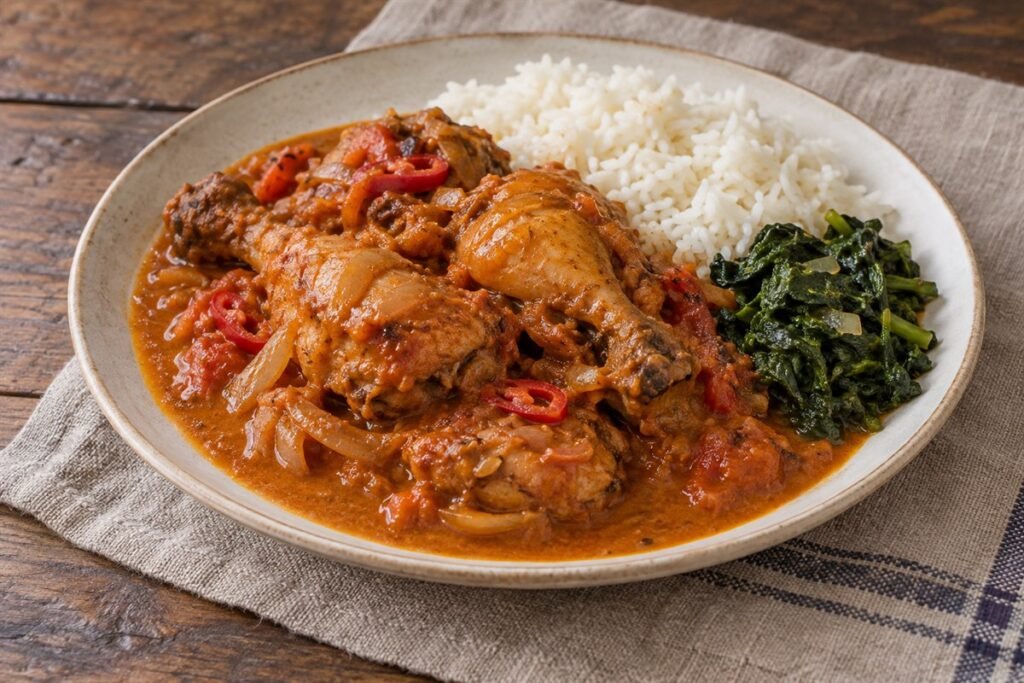 Congolese poulet moambe with tender chicken in a rust-colored palm nut sauce, tomato, herbs, and rice on a simple plate.