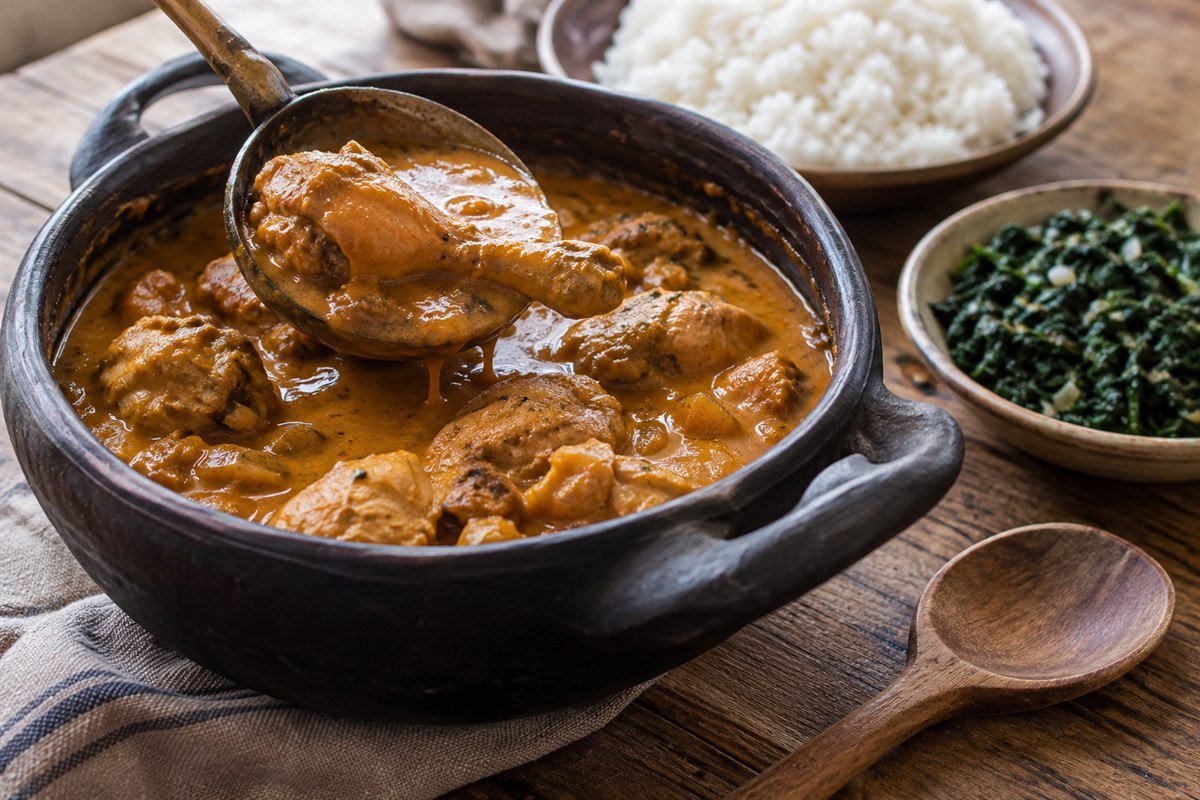 A serving of Congolese poulet moambe being spooned from a clay pot, showing chicken in smooth palm nut sauce beside rice and greens.