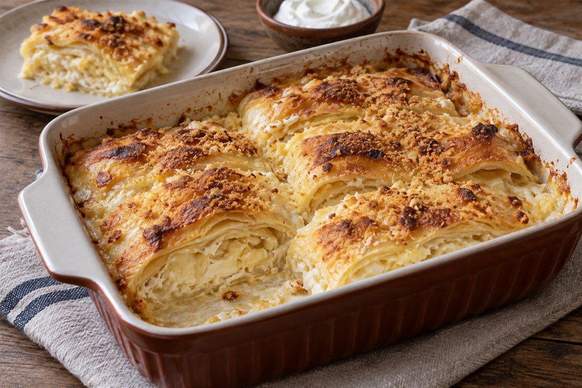 Croatian štrukli, soft cheese-filled pastry pieces baked in cream, arranged imperfectly in a ceramic baking dish.