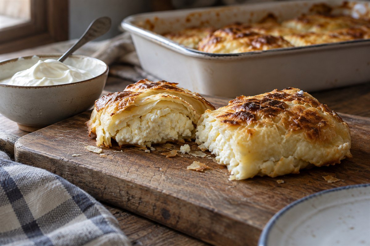 A serving of Croatian štrukli cut open to show the cottage cheese filling, with sour cream and browned crumbs in the baking dish.