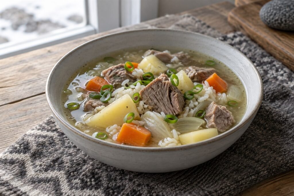 Greenlandic suaasat lamb and rice soup with potatoes, carrot, onion, and scallions in a simple bowl.