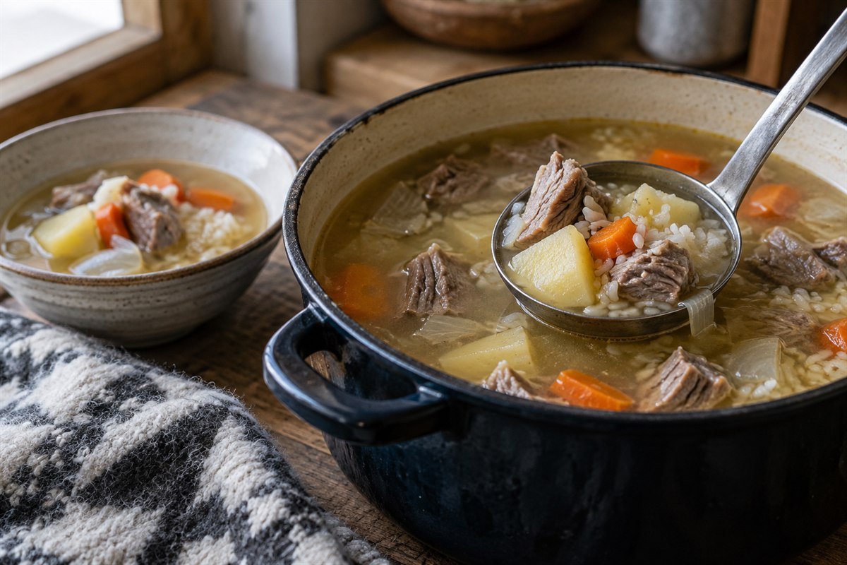 A ladle serving Greenlandic suaasat from a heavy pot, showing tender lamb, rice, and root vegetables in a clear broth.
