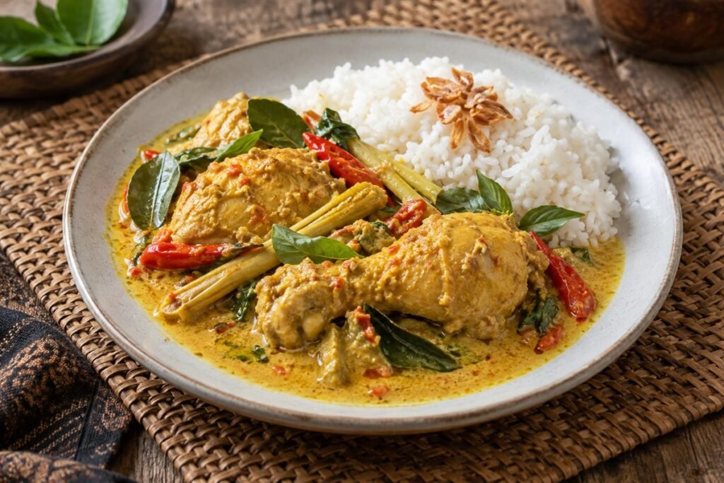 Indonesian gulai ayam coconut chicken curry with turmeric-gold sauce, chicken pieces, chilies, lime leaves, and rice.