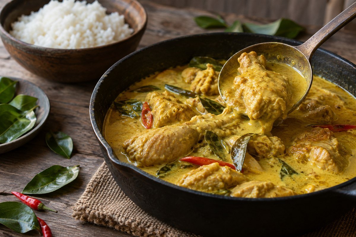 A close serving of Indonesian gulai ayam spooned from a skillet, showing chicken and smooth coconut curry with herbs beside rice.
