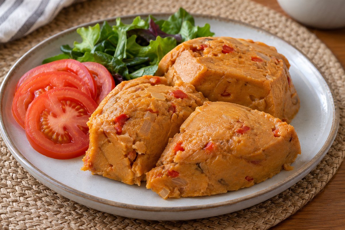 Nigerian moin moin savory steamed black-eyed pea pudding cut into irregular portions with red pepper flecks and herbs on a plate.