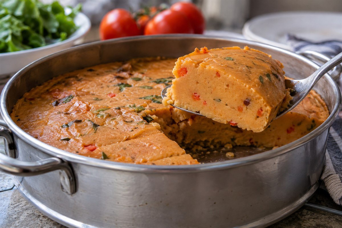 A close serving of Nigerian moin moin being lifted from a steaming dish, showing its smooth tender interior beside tomato and greens.