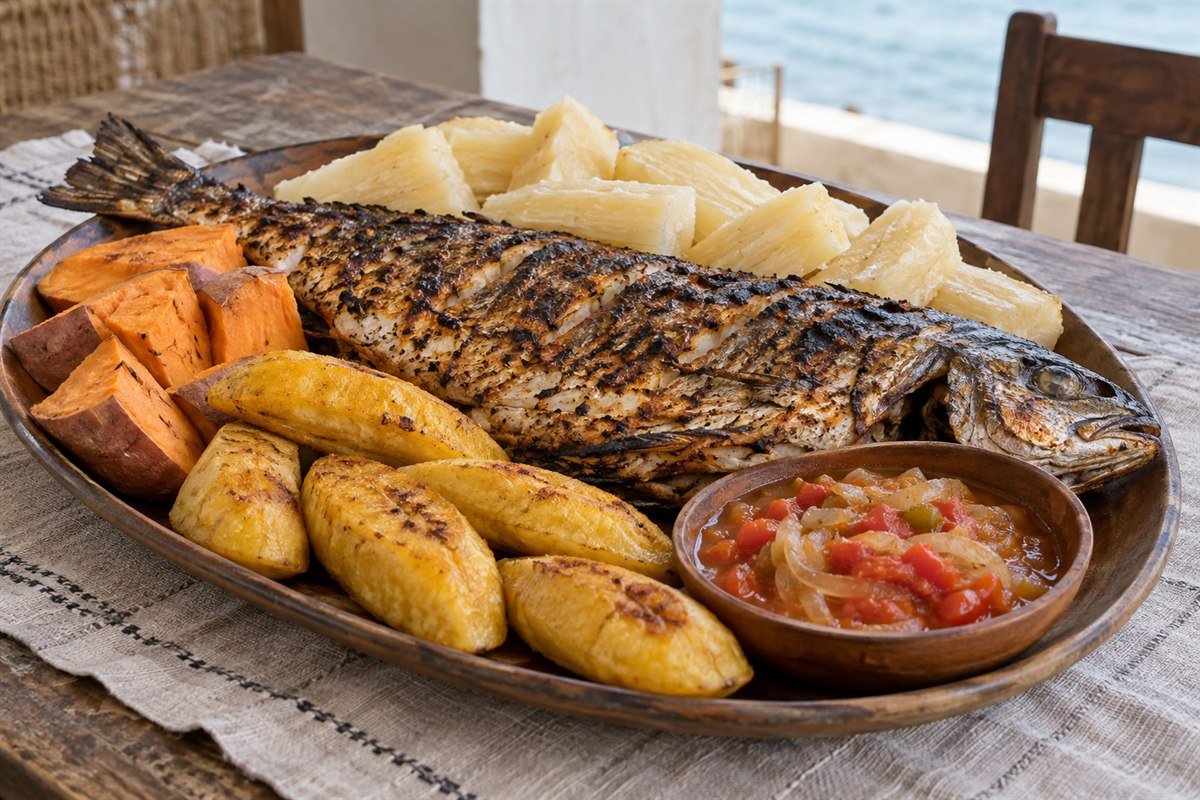 Angolan mufete with a whole grilled fish, cassava, sweet potato, plantain, and onion-tomato sauce on a broad rustic platter.