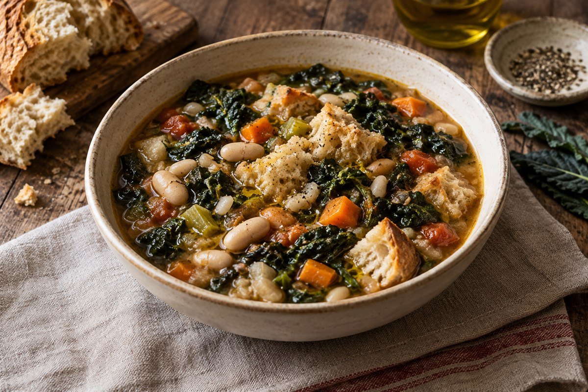 Italian ribollita, a rustic Tuscan bean and greens soup with carrots, celery, tomatoes, kale, and torn country bread in a simple ceramic bowl.