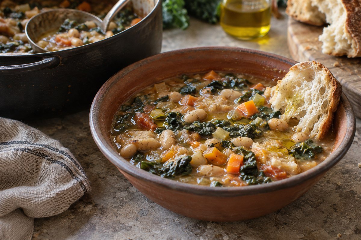 A close serving view of Italian ribollita ladled into an earthenware bowl, showing white beans, greens, vegetables, and rustic bread with olive oil.