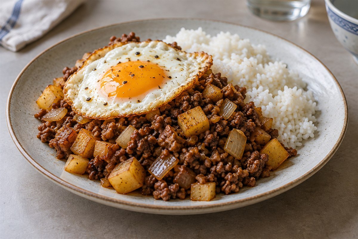 Macanese minchi with irregular minced beef and pork, browned potato and onion, a fried egg, and steamed rice on a simple plate.