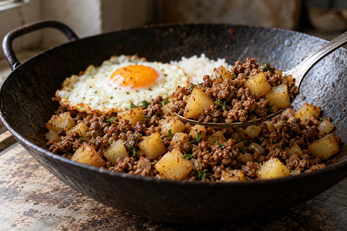A close serving view of Macanese minchi being spooned from a dark wok, showing browned minced meat, crisp potato cubes, and a fried egg with rice behind.