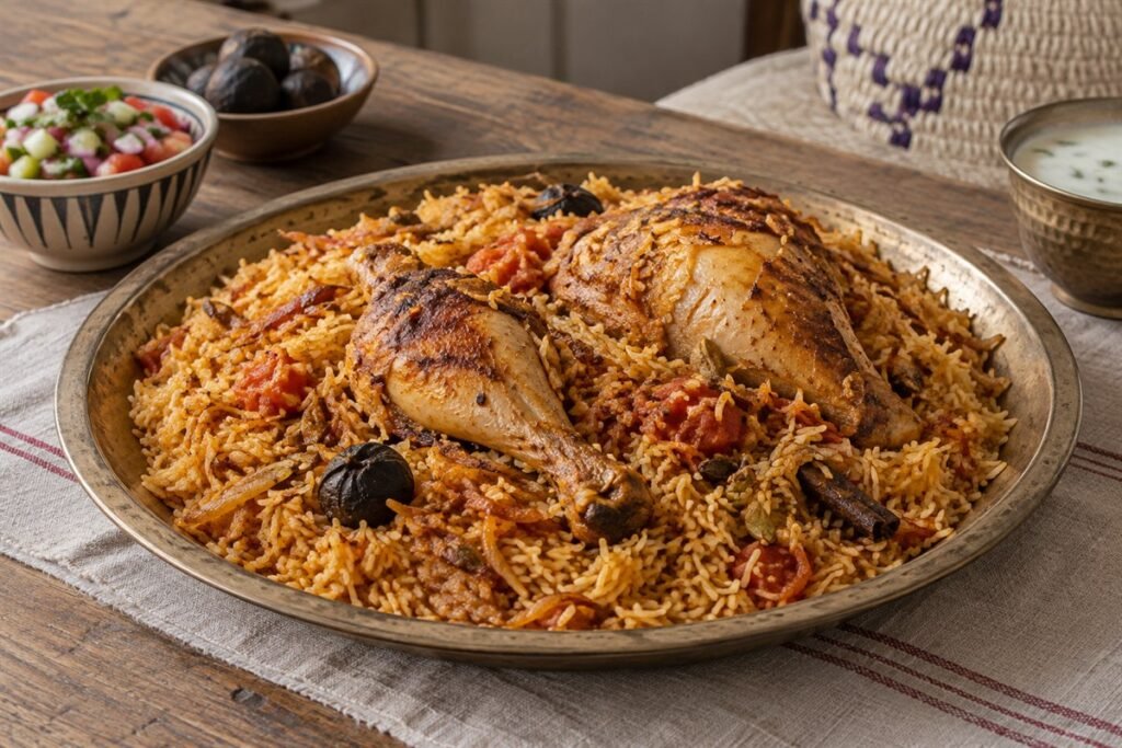 Omani chicken majboos with tender chicken over spiced basmati rice, tomato, caramelized onion, and whole spices on a simple platter.
