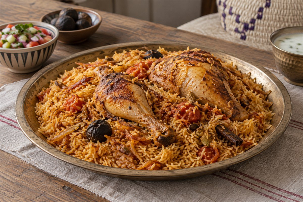 Omani chicken majboos with tender chicken over spiced basmati rice, tomato, caramelized onion, and whole spices on a simple platter.