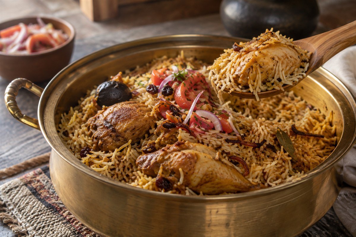 A close serving view of Omani chicken majboos being spooned from a deep serving dish, showing separate rice grains, chicken, and tomato-onion garnish.