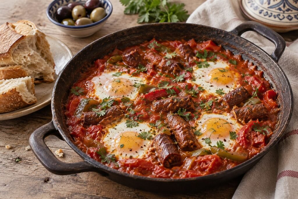 Tunisian ojja with merguez in a cast-iron skillet, eggs set in smooth tomato-pepper sauce with browned sausage and herbs.