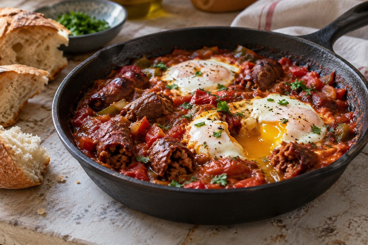 A close serving view of Tunisian ojja with merguez, one egg opened to show a soft yolk among browned sausage and tomato-pepper sauce.