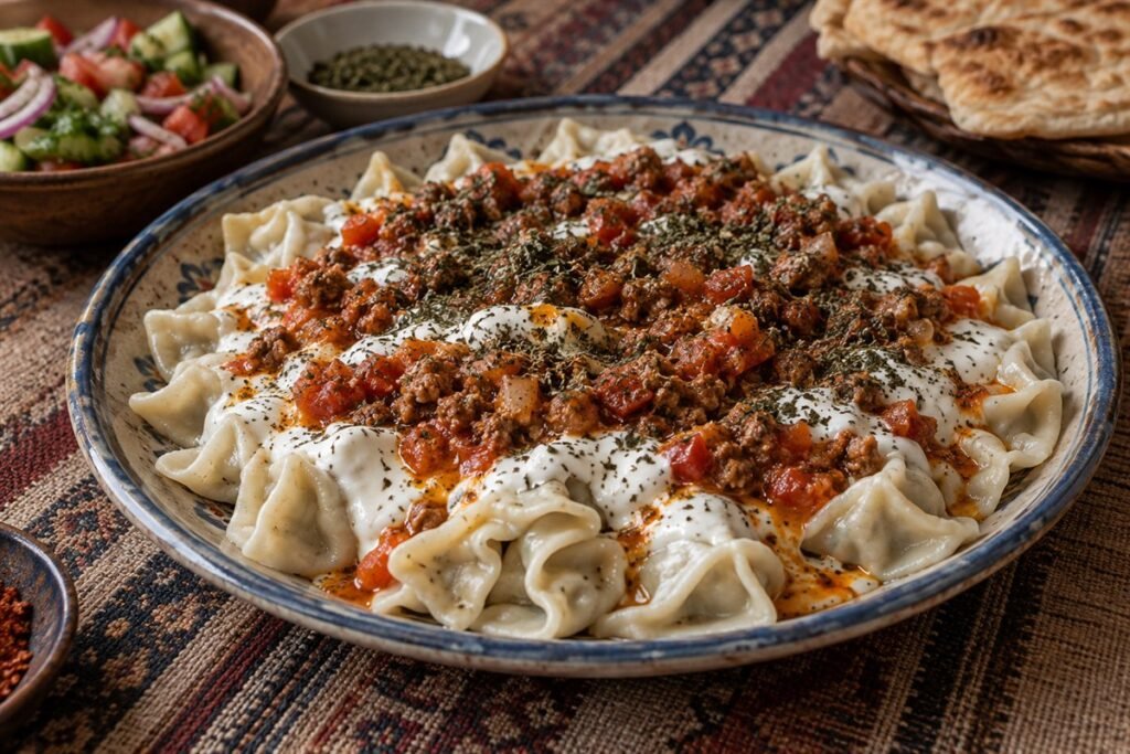 Afghan ashak dumplings topped with leek filling, savory ground beef, smooth yogurt sauce, tomato, and dried mint on a broad ceramic platter.