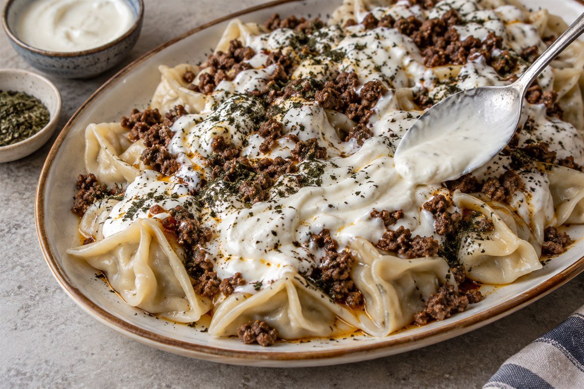 A close serving view of Afghan ashak as yogurt sauce and spiced beef are spooned over hand-folded dumplings, with mint scattered across the surface.
