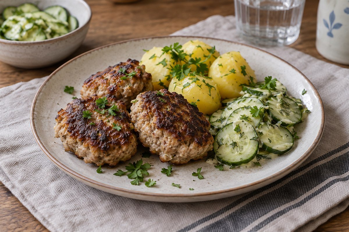 Danish frikadeller, irregular pan-fried pork meatballs with browned edges, boiled potatoes, cucumber salad, and parsley on a simple table.