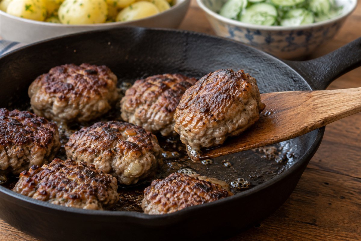 A close serving view of Danish frikadeller being lifted from a skillet with browned meatball edges, a wooden spatula, and potatoes in the background.
