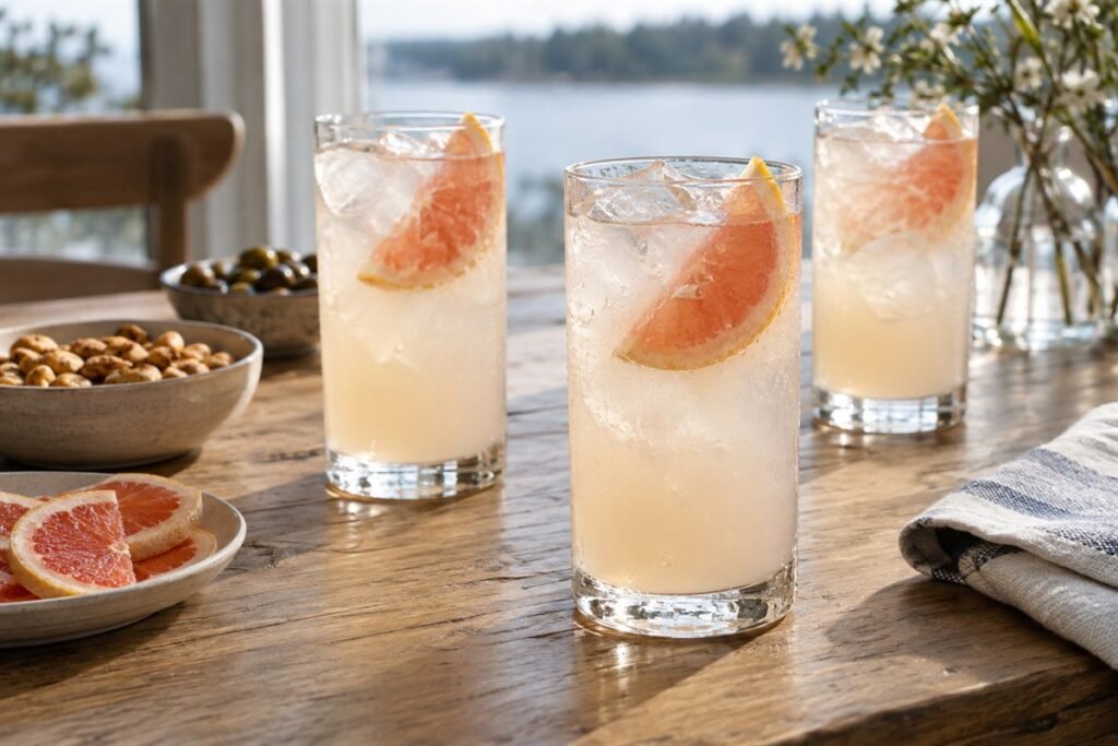 Finnish lonkero grapefruit long drinks in tall clear glasses with pale citrus soda, ice, grapefruit wedges, and a simple wooden table.
