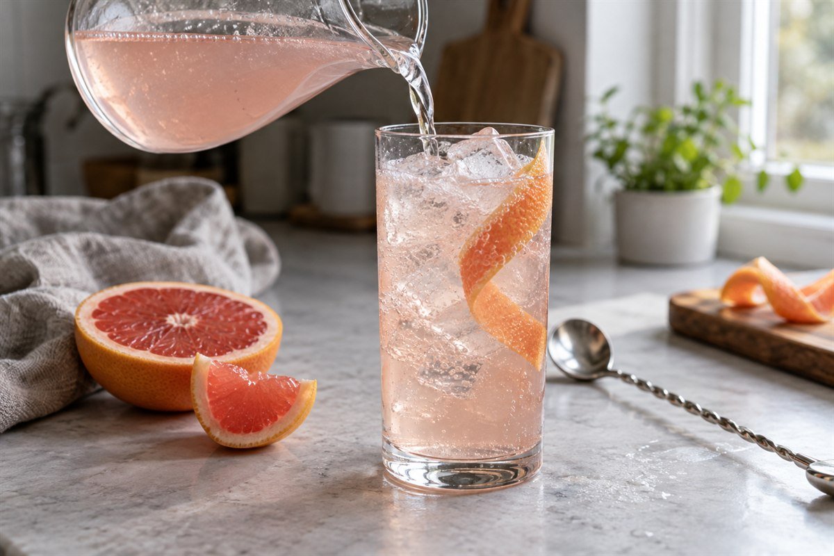 A close serving view of Finnish lonkero being poured over ice from a small pitcher, with grapefruit peel and condensation on the glass.