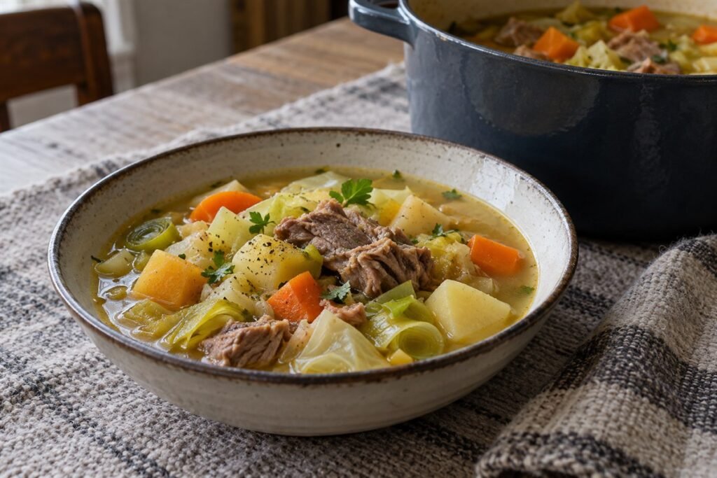 Icelandic kjötsúpa, a rustic lamb and vegetable soup with potatoes, carrots, rutabaga, cabbage, and leeks in a deep bowl.