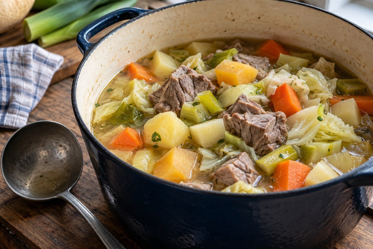 A close serving view of Icelandic kjötsúpa ladled from a heavy pot, showing tender lamb, root vegetables, cabbage, and a clear golden broth.