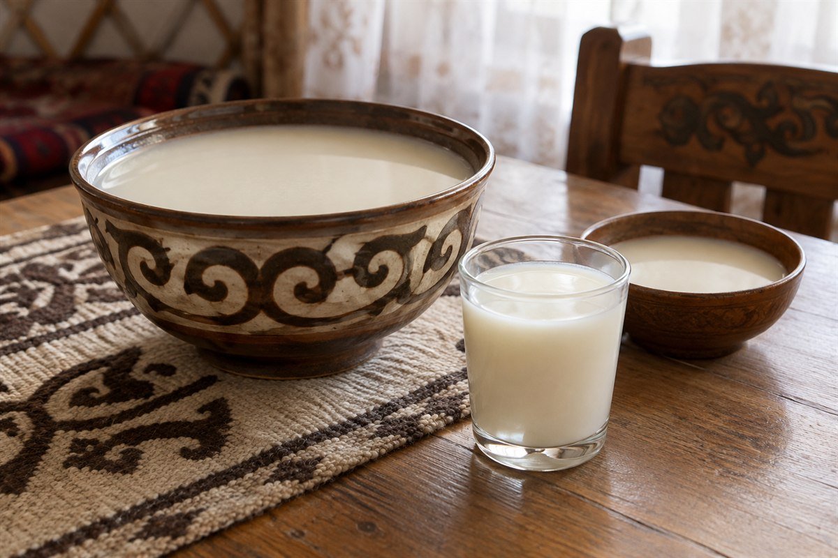 Kazakh shubat, a pale fermented camel-milk drink in patterned ceramic bowls and a clear glass on a natural wood table.