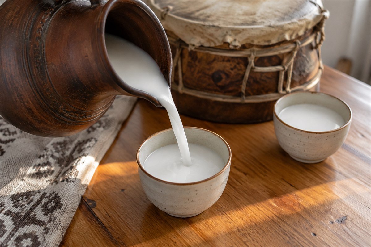 Kazakh shubat being poured from a clay pitcher into a ceramic cup beside a covered fermentation vessel, with no visible hands.