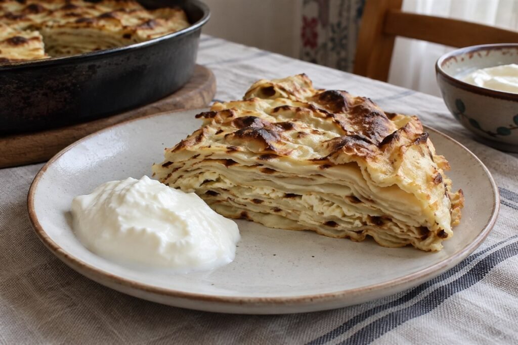Kosovar flija, an irregular wedge of thin browned layered pastry with a spoonful of yogurt on a simple ceramic plate.