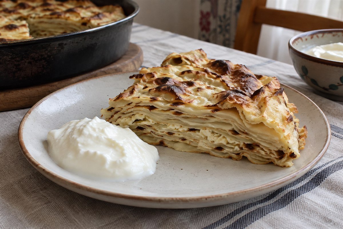 Kosovar flija, an irregular wedge of thin browned layered pastry with a spoonful of yogurt on a simple ceramic plate.