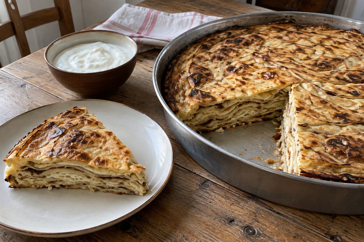 A round baking pan of Kosovar flija with one wedge removed, showing many thin layers beside a plate and bowl of yogurt.