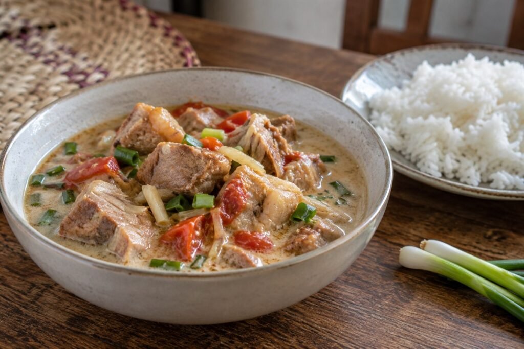 Malagasy henakisoa sy voanio, tender pork in coconut sauce with tomatoes and scallions beside a plate of white rice.